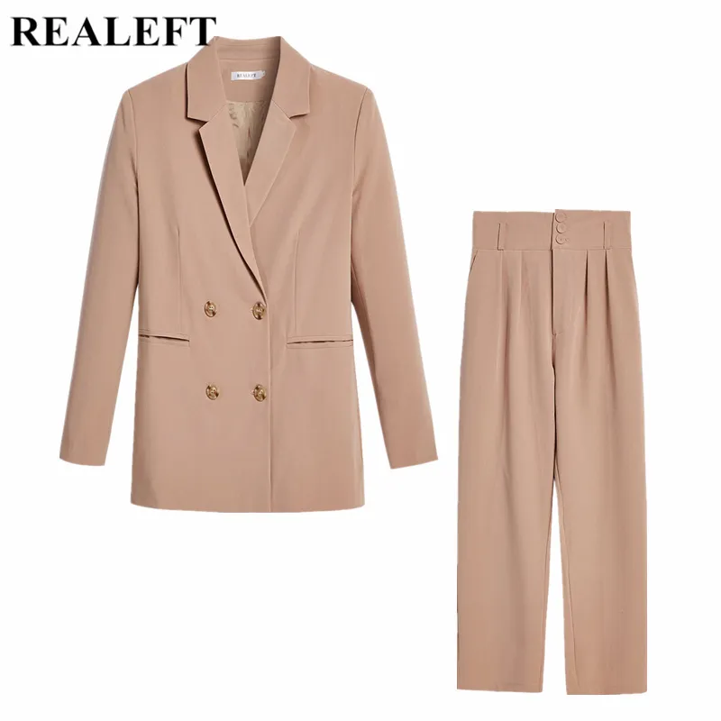 ReaLeft 2020 Nova Outono Inverno Feminino Pant Suit Double Breasted Blazer Jaqueta Jaqueta Pant Office Wear Mulheres Terno Feminino Conjuntos LJ200907