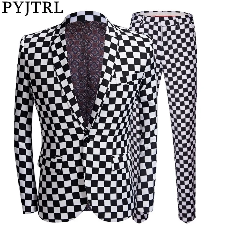 Mode pyjtrl kostym män svart vit rutig tryck 2 stycken set senaste kappa pant design bröllop scen sångare smal fit kostym 201105 01105