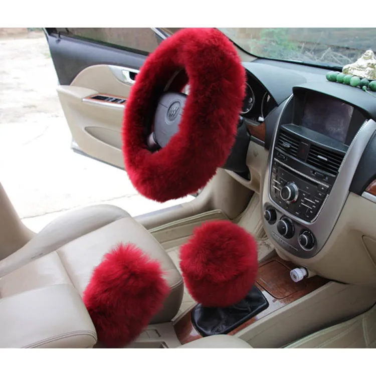 3pcs set Winter Wool Car Steering Wheel Cover Long Australian Wool Heated Fur Steering Wheel Cover Handbrake Gear Shifter Cover236n