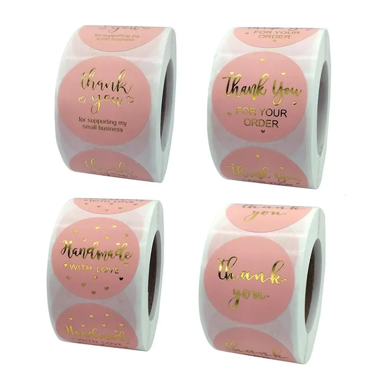 Roze papieren label sticker gouden bedanksticker 500 stcs/roll hot stamping zelfklevende film kerstcadeauverpakking