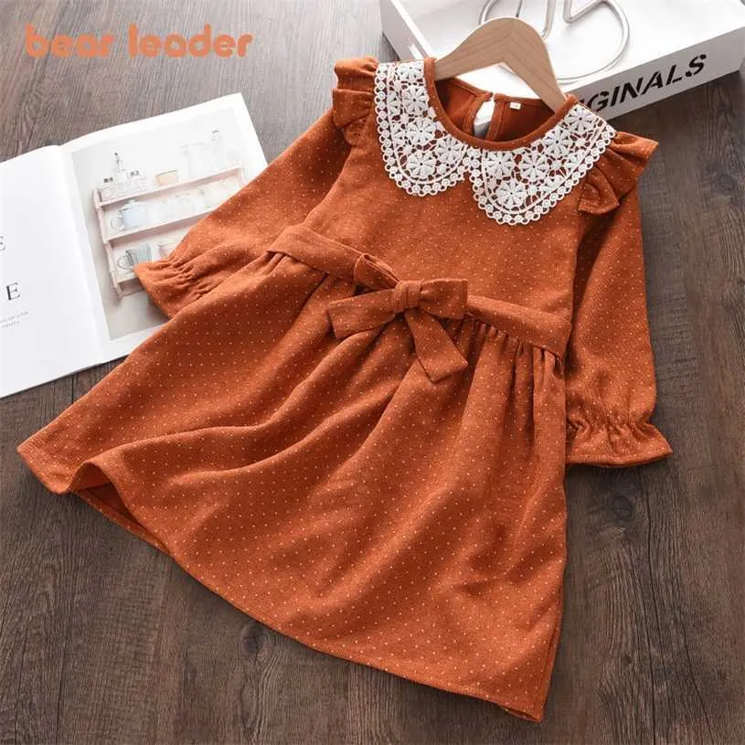 Bear líder meninas meninas de manga comprida vestidos crianças menina bolinhas primavera trajes chidlren bowknot faixas vestidos para 2-6y 211231