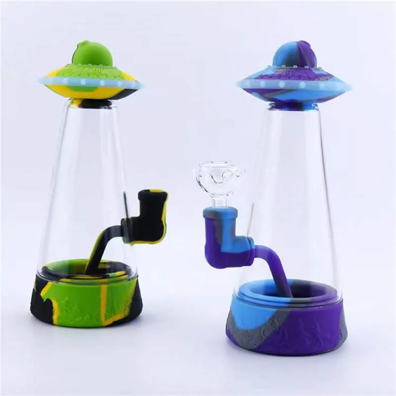 Kreativ silikon bong ufo typ hookah glas vatten rör 8,9 inches höjd färgstark design med skål