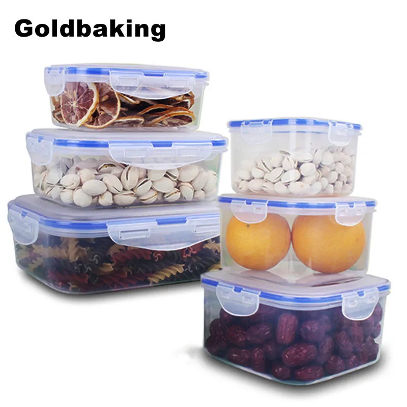 Goldbaking 3 Pieces Plastic Food Container Rectangle Storage Box Leak Proof Square Lunch Box Kitchen Microwave Containers T200710