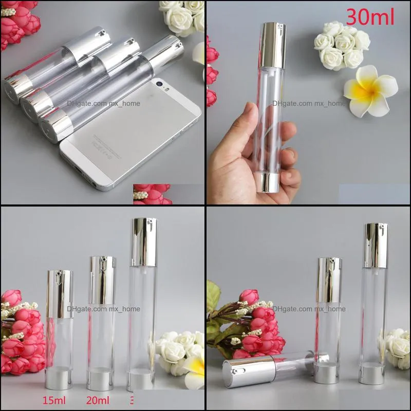 15ml 20ml 30ml Empty Airless Pump Bottles Silver Transparent Mini Portable Vacuum Cosmetic Treatment Travel Bottle 10pcs Storage &