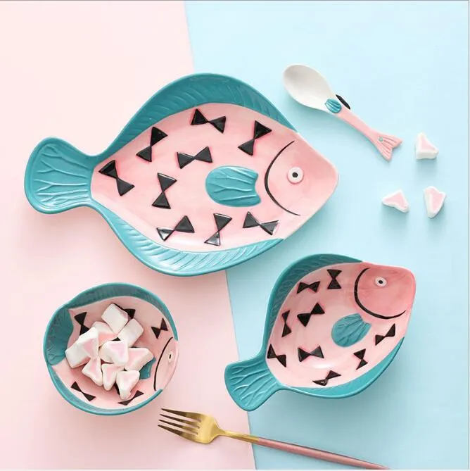 Japansk porslin set handmålade kreativa ångade fiskplatta keramiska barns ris skål sked hushållsrätter gåvor
