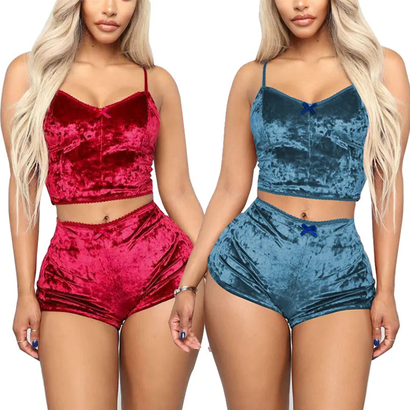 Hot Sale-Women Pyjamas Sats Sexig Velvet Två Piece Suits Ladies 2st Sleepwear Kvinna Vest Shorts Set Summer Womens Nightwear 050716