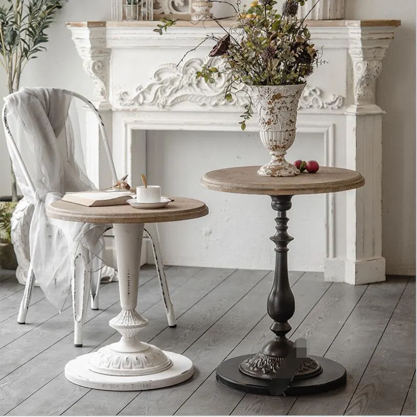 Retro Industrial Side Table - Solid Wood & Iron, Small Round Accent ...