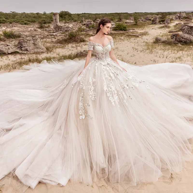 Off Shoulder 3D Floral Applique Ballgown Champagne Wedding Dress
