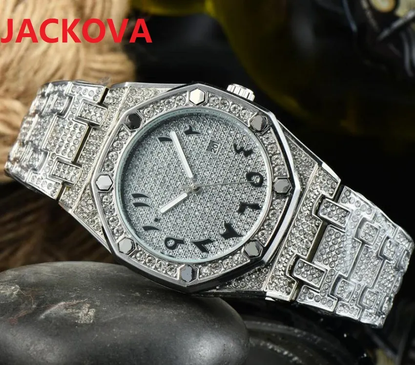 Grote Diamanten Ring Mannen Arabisch Nummer Horloge President Quartz Mannelijke Tijdklok Kalender Set Gift Roestvrij Stalen Horloges