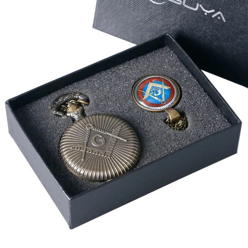 Bronze Freemasonry Masonic Jewelry Pocket Watch With Necklace Pendant And High Quality Chain Gift Set T200502