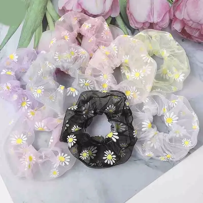 Pink Purple Embroidery Flowers Mesh Scrunchies Daisy Flroal Hair ties Transparent Tulle Organza Hair Ring rope Hair Accessories