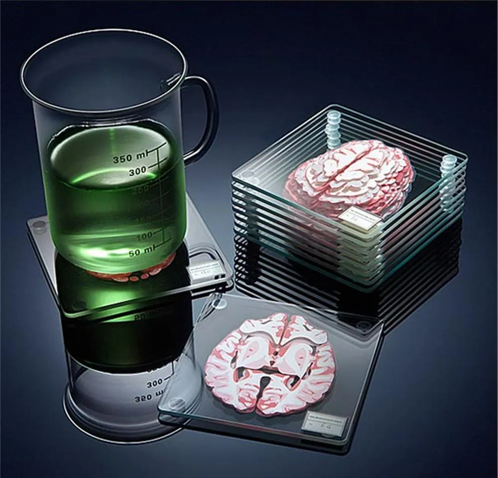 201125 Onderzetters Glas Vierkante Brain Suites Specimen Set Acryl Tafel Brain Organ Artwork 3D-dranken Wetenschappers Dronken Gift Coaster Jllar