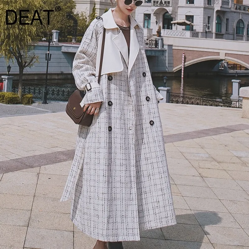 [DEAT] Neue Herbst Mode Frauen Plaid Trench Woolen Volle Hülse Lange Revers Kragen Casual Wilden Lose Mantel Mit gürtel TX575 201102