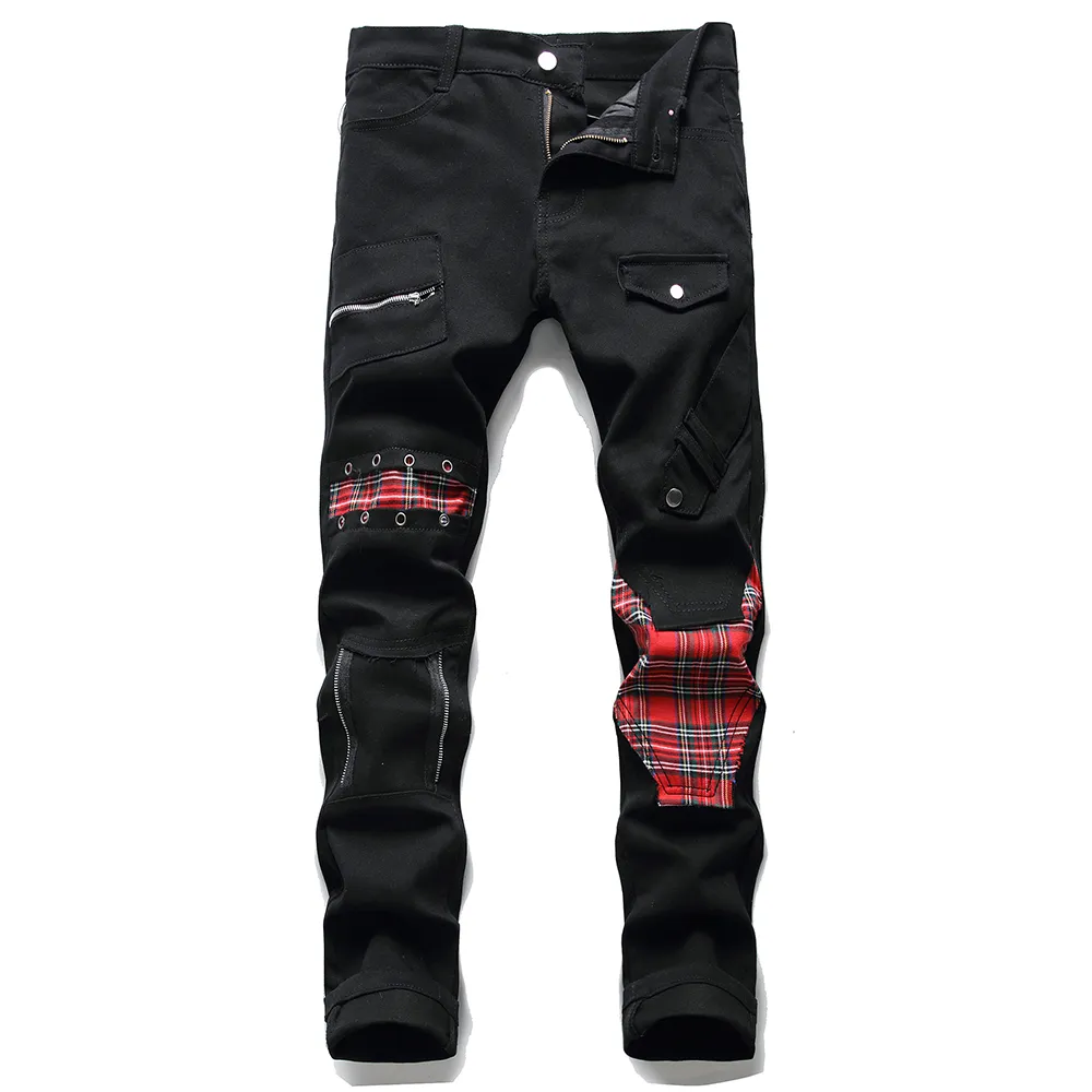 Black Stitching Men's Jeans Autumn Plaid Print Skinny Pants Pantalones Para Hombre Vaqueros