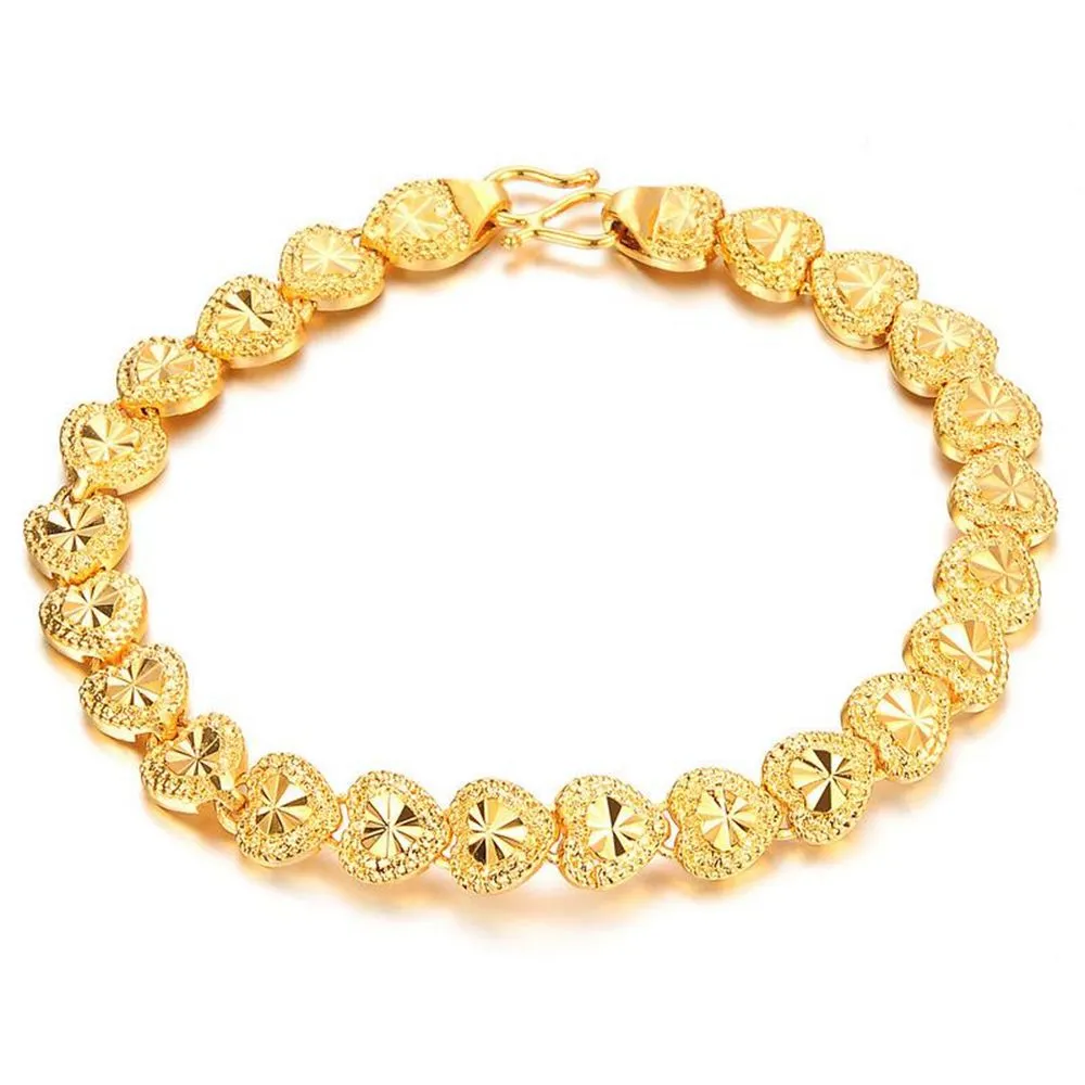 Womens Bracelet Carved Lovely Heart Wrist Chain Link 18k Yellow Gold Filled Lady Accessories 7.87 Inches Long Wedding Party Gift