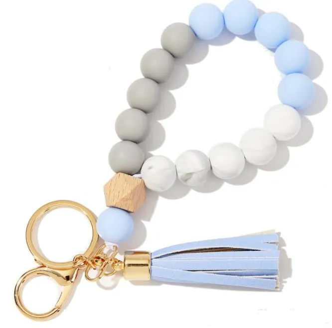 Party Favor Wooden Tassel Bead String Bracelet Keychain Food Grade Silicone Beads Bracelets Women Girl Keyring Wrist Strap SN3134