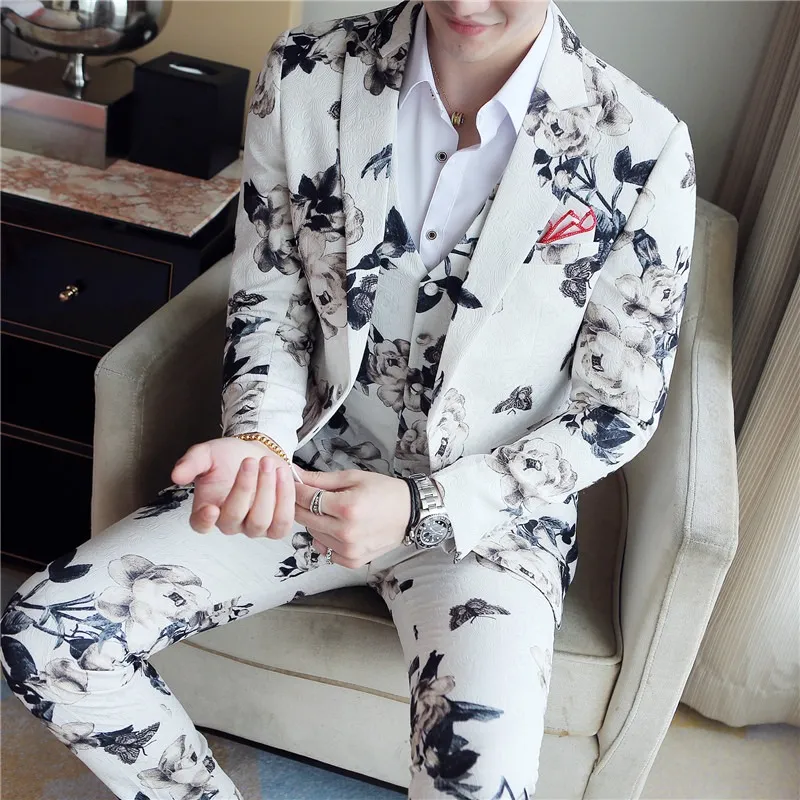 Mens Silver Floral Black Tuxedo Suit 3 Piece Wedding Prom Party Grooms  Ceremony: Buy Online - Happy Gentleman United States