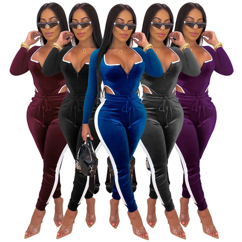 Plus size 2x outono roupas de inverno feminino manga longa macacões de veludo casual cor sólida macacão sexy magro bodysuits night club wear 4419