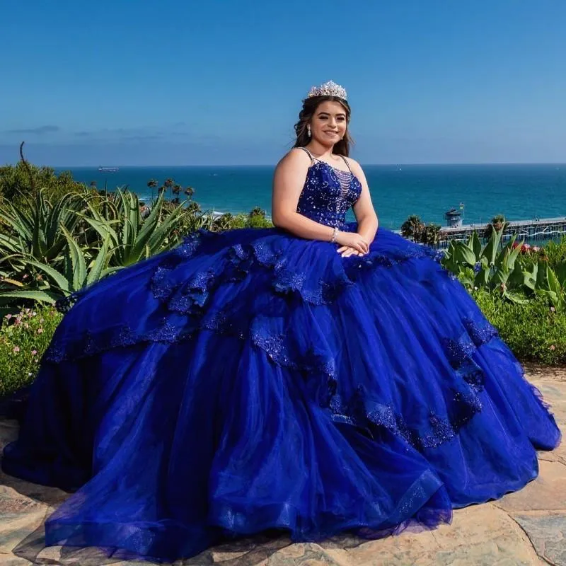 Royal Blue Quinceaneraドレススパゲッティストラップビーズアップリケプリンセススウィート15ドレスPageantパーティーガウンカスタムメイド