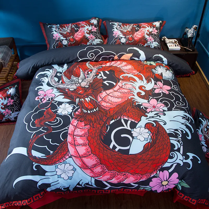 Hem Textil Dragon Bedding Set US Twin Full Queen King Super King Size Red Black Pillowcase Bedroom Quilt Cover Set SovClothes T200706