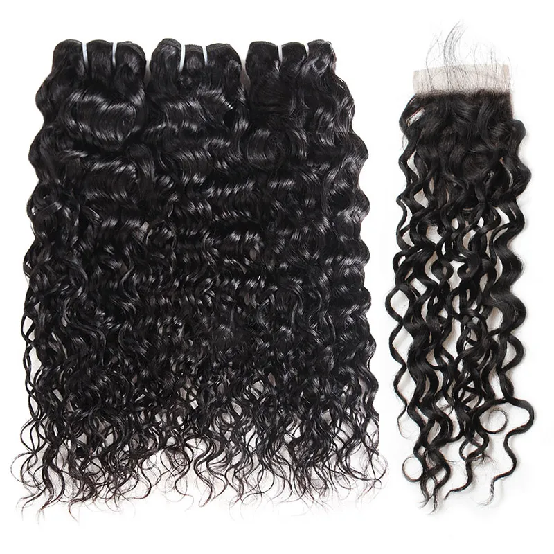 Ishow Brazilian Water Wave Hair With 4*4 Lace Closure Human Hair Bundles With Closure Peruvian Wavy Human Hair Extensions