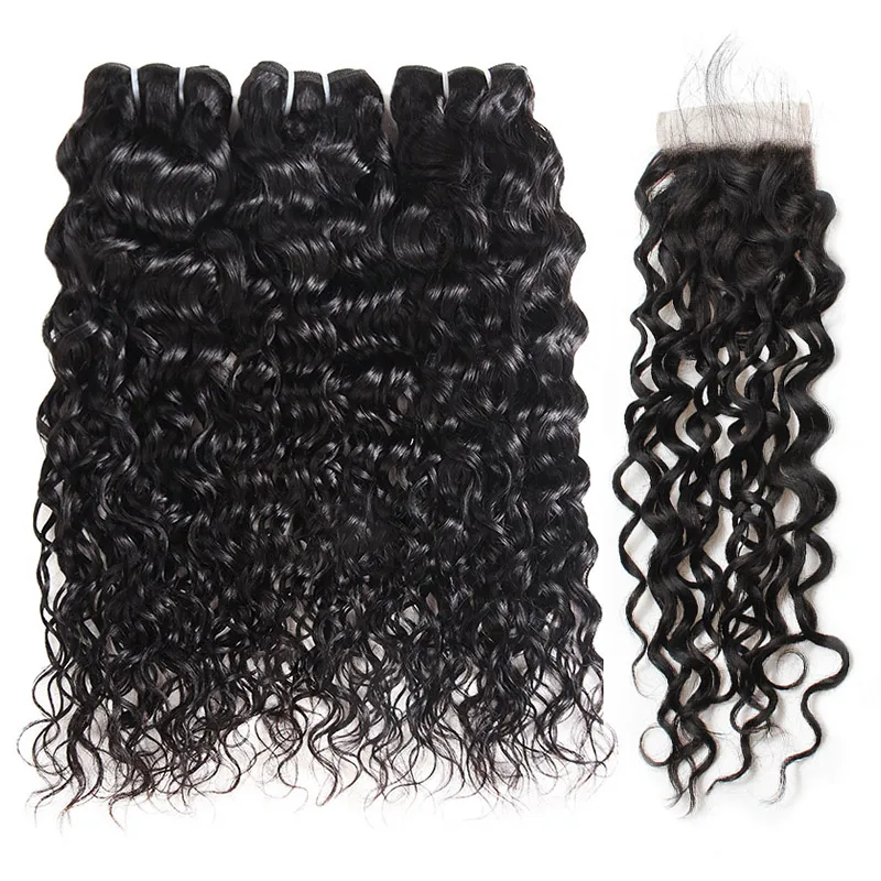 Ishow Brazilian Water Wave Hair com 4 * 4 Fechamento de Laço Pacotes de Cabelo Humano com Encerramento Peruano Ondulado Human Human Extensions