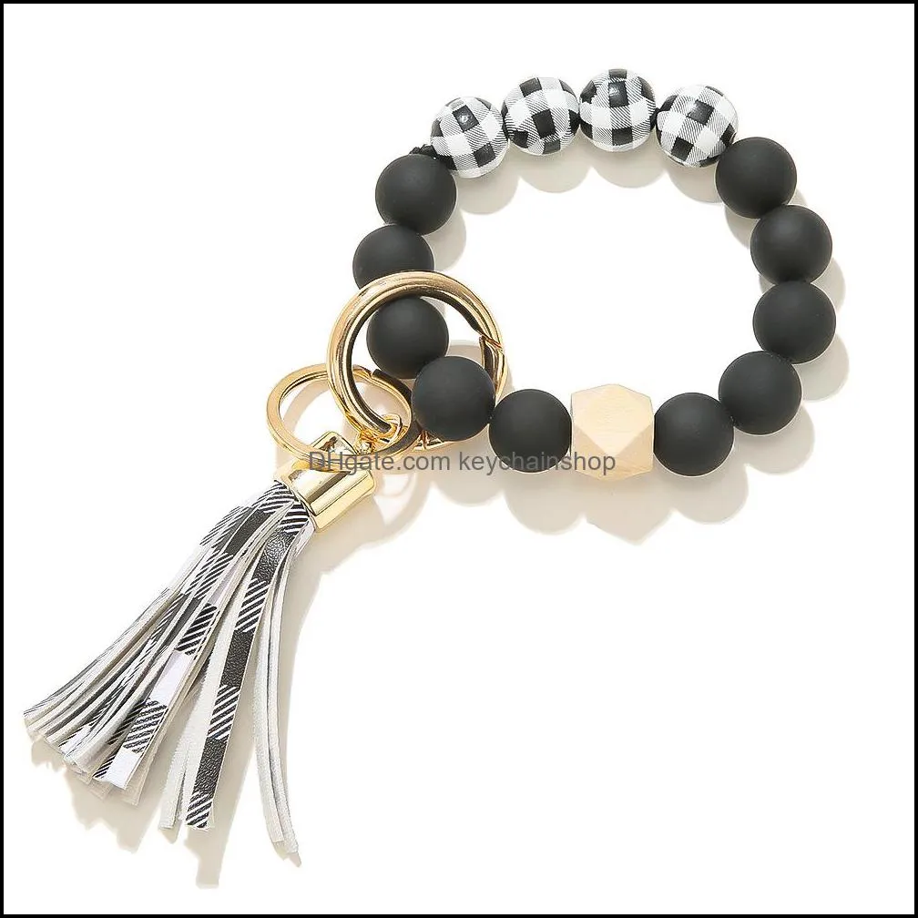 Black Frosted Wooden Bead Bracelet Keychain Fashion Pattern Tassel Pendant Bracelets Women Girl Key ring Wrist Strap 7 Colors DD255