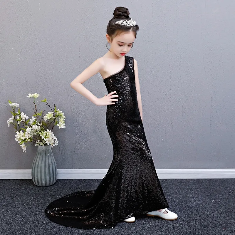 Schwarzes Meerjungfrau-Kleid mit Pailletten, Alter für 3–14 Jahre, Mädchen im Teenageralter, One-Shoulder-Vintage, edle Abschlusskleider, Abendparty, Kinderkleider 201204