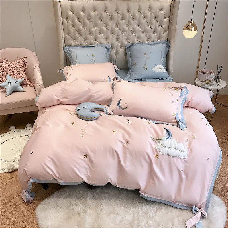 Stars moon embroidery Bedding Set King Queen Size 4/7pcs egyptian cotton Bed Linen Duvet Cover Bed Sheet Pillowcases for girls T200706