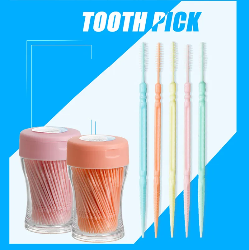 200 pcs goma interdental floss plástico escova de cabeça dupla vara dentes dentes oral limpador branco 6.4cm Doteiro descartável v5