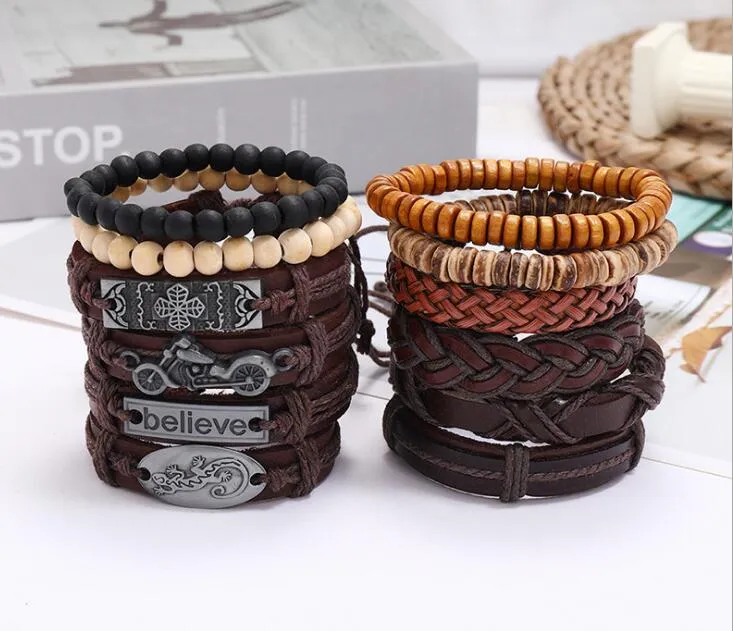 Man Hiphop Lederen Armband Legering Wevende Koeienhuid Wax Draad PU Hout Bead Coconut Husk Bloem Geloof Armband Mix 12Style / Set