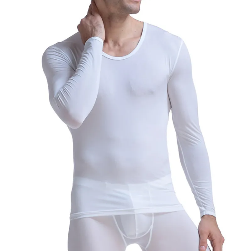 Men's Undershirt Thermal Super Thin Men Ice Silk Underwear Sheer T Shirts Long Johns Male Long Sleeves Tops Tees Breathable 201009