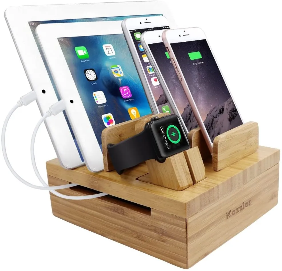 Bamboo 5-Slotの取り外し可能なタブレット電話のスタンドホルダーデスクトップオーガナイザー、iPhone、iPad、iWatchスタンドコードオーガナイザーマルチデバイスドッキングステーション
