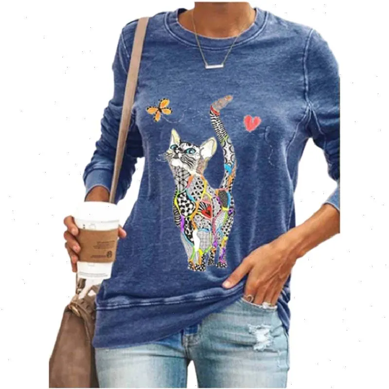 Linda impresión de gato Tops casuales Camiseta de las mujeres de manga larga de manga larga Tamaño de la historieta de otoño camisetas para mujer 3xl 4xl azul negro camisas