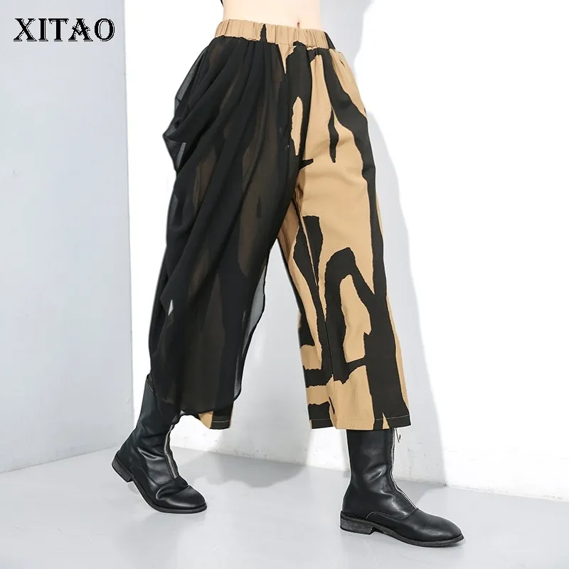 XITAO Patchwork Mesh Personnalité Large Jambe Pantalon Femmes Hiver Casual Mode Taille Élastique Imprimer Cheville Longueur Pantalon XJ2897 T200606