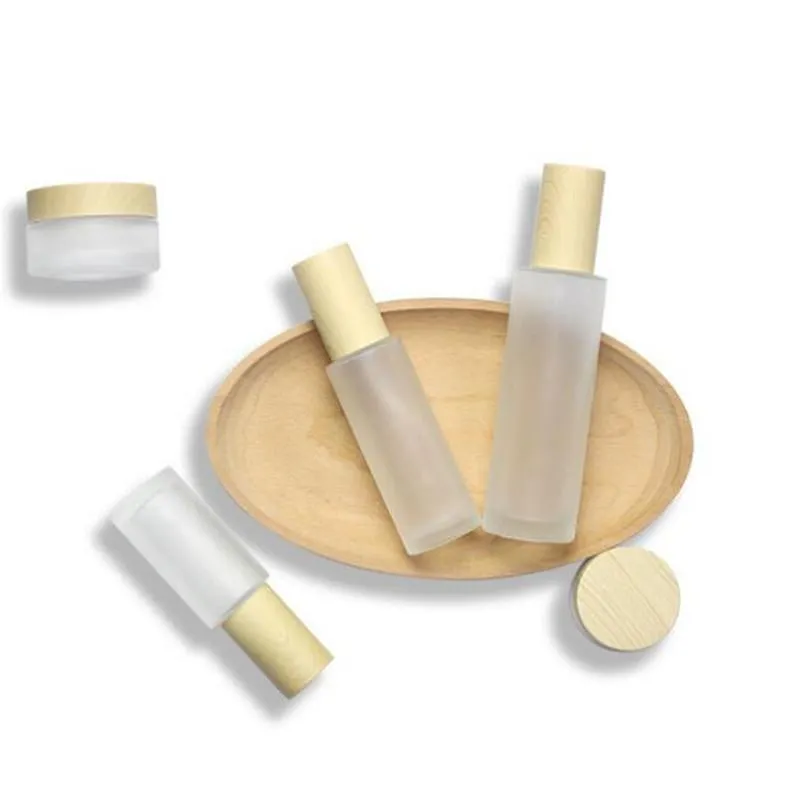 2021 Bottle Cream Jar with Imitated Wood Lid Lotion Spray Pump Bottle Portable Cosmetic Container Jar 30ml 40ml 50ml 60ml 80ml