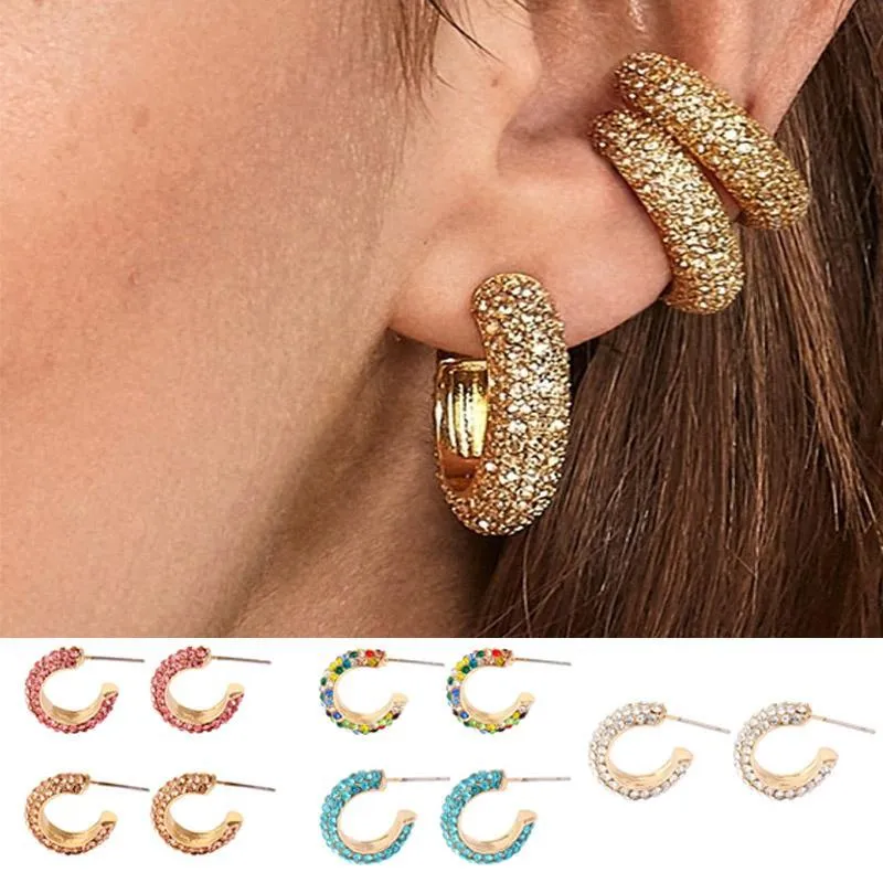 Round Gold Mini Stud Earrings Colorful C-shaped Rhinestones Copper Earring Bridal Party Jewelry for Women