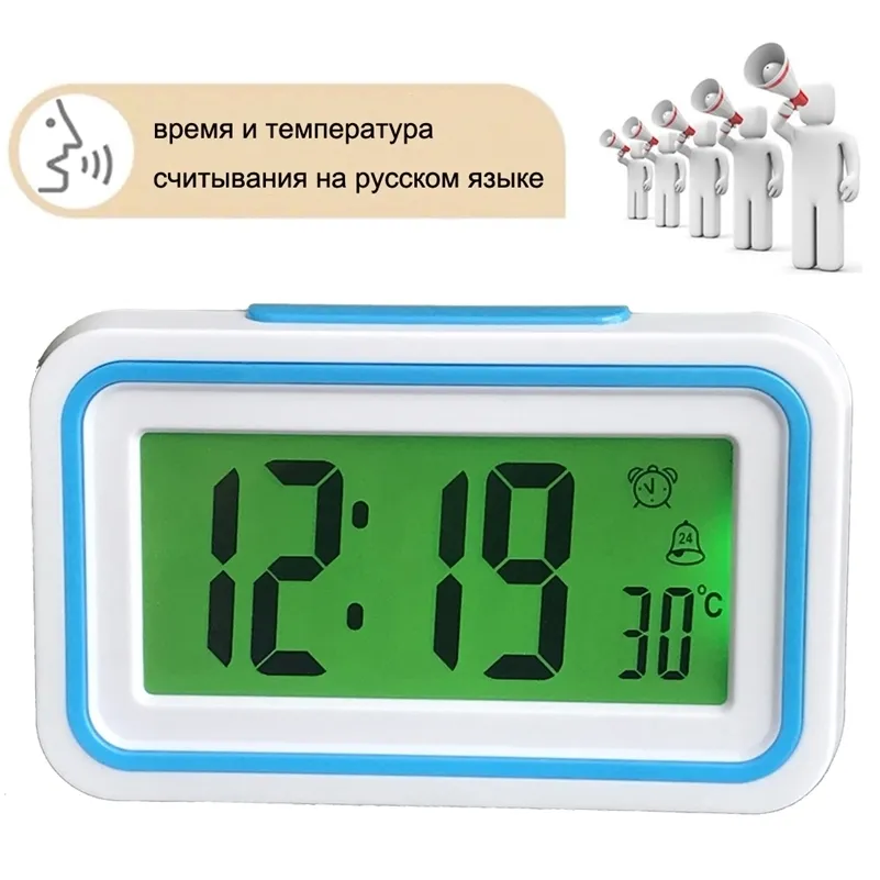 Russian Talking Clock Speaking Time and Temperature Home Thermometer Digital Desk Table Snooze Alarm Clock Kid Children Wake Up LJ201211