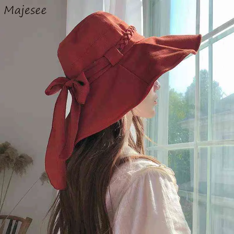 Algodão sólido vermelho chapéu de sol feminino largo-borda curva sol tonalidade design vintage versão coreana doce adorável meninas viagem casual chique g220301