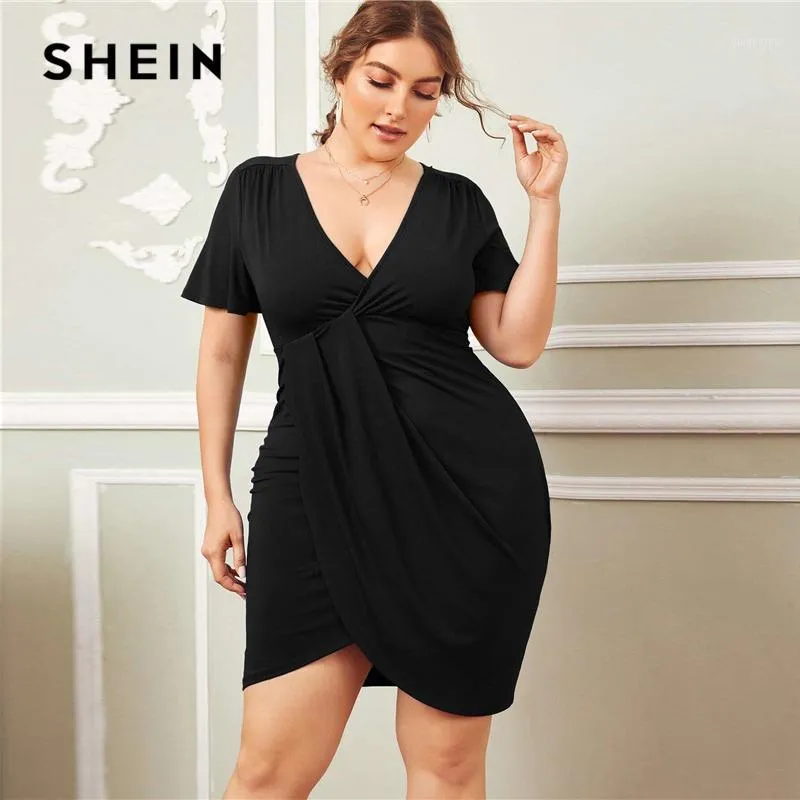 Shein Plus Size Black Butterfly Manga Drapejada Drive Wrap Vestido Mulheres  Outono Cintura alta V Pescoço Elegante Equipado Curto Vestidos1