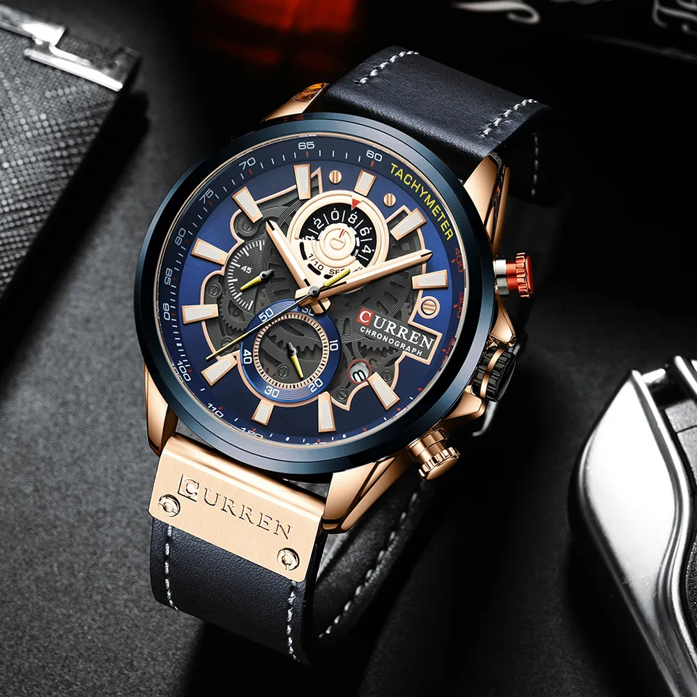 Curren Watch Men Fashion Quartz Watches Leather Strap Sport Clocks Armswatch Chronograph Clock Manlig kreativ design Dial274e