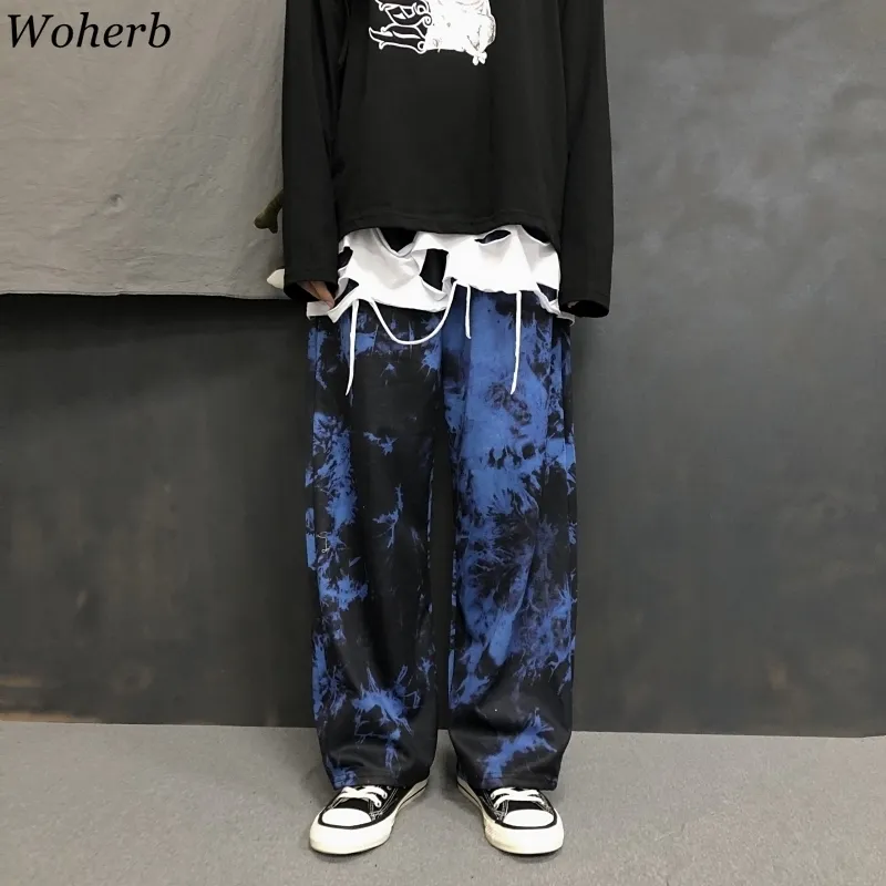 Woherb Tie Dye Print Cargo Loose Jogger Wide Leg Pant Harajuku Streetwear Korean Punk Trouser Woman and Man Hip Hop Track 201109