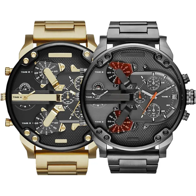 Hett säljande Sport Militär Herrklockor 50mm Big Dial Golden Rostfritt Stål Modeklocka Herr Lyx Armbandsur reloj de lujo