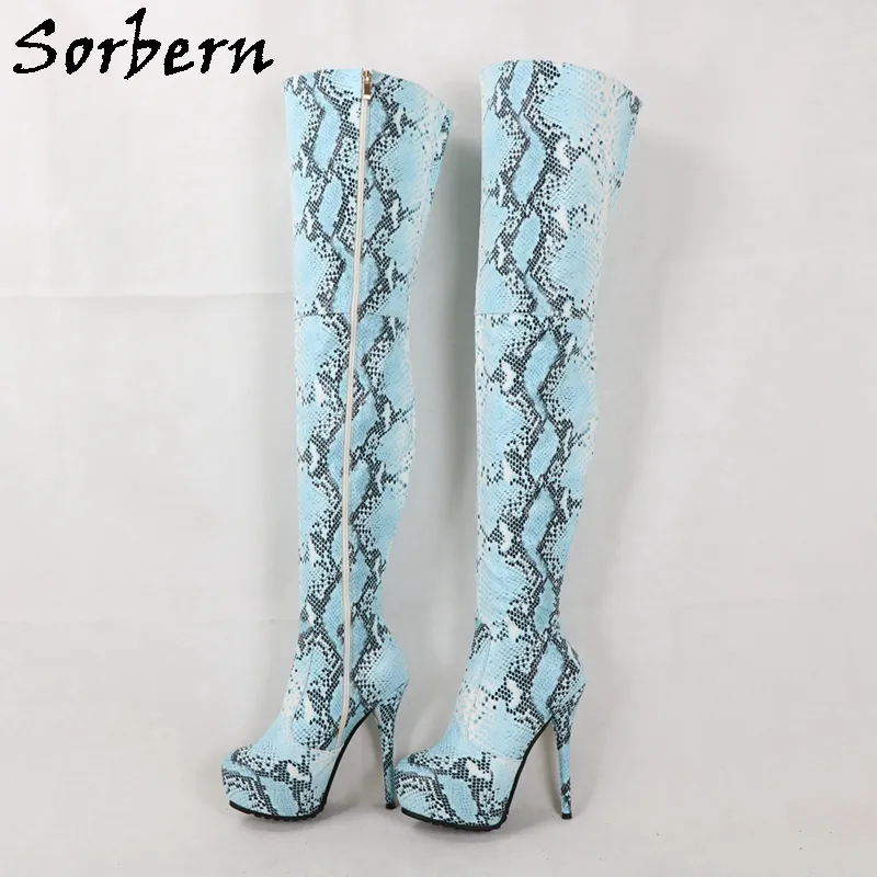 Sorbern الضوء الأزرق بيثون الأحذية النساء منصة غير مرئية الأحذية عالية الكعب منتصف الفخذ التمهيد أنثى الأحذية تخصيص سليم صالح الساقين