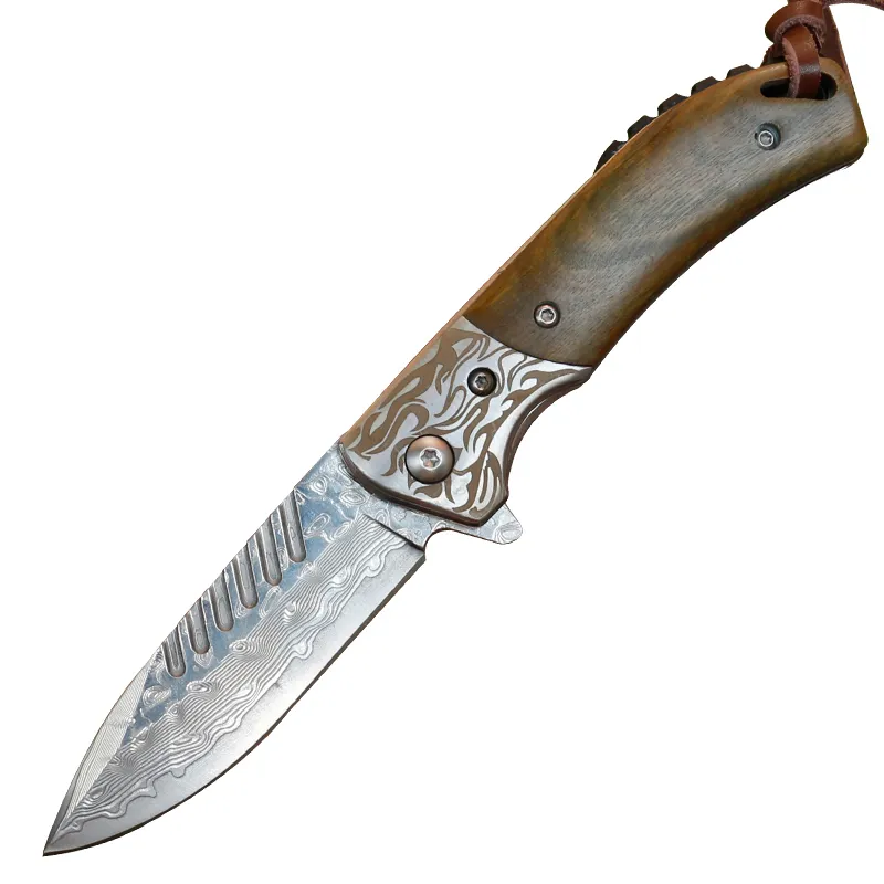 2 Hantera färger Knivar VG10 Damascus Steel Blade Ball Bear Flipper Folding Kniv med lädermantel