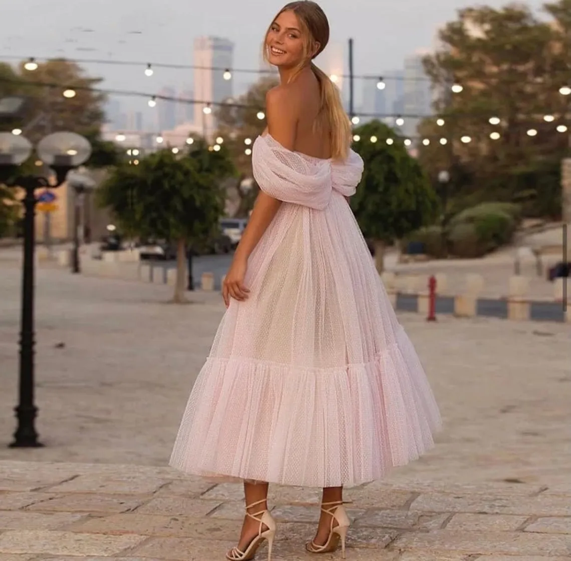 Vintage Light Pink Tea Length Prom Dresses Off The Shoulder A Line Long  Formal Party Gowns Corset Tulle Evening Dress For Women Girls Engagement ...