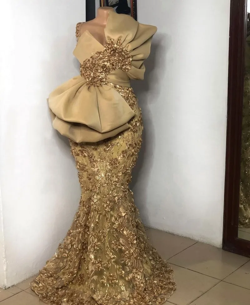 Robe de Soiree de Mariage Gold Mermaid Dresses Big Bow Long Aplique Apliques Africano Dress African Dress Vestidos árabe formalos