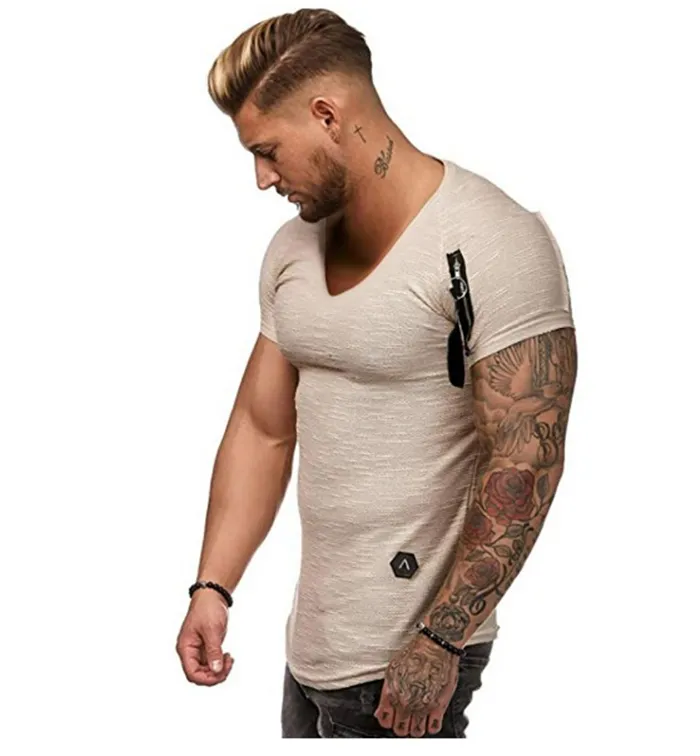 V-Neck Zipper Mens Causal T-shirts Summer Solid Color Option Men Designer Loose Tops Sport Tees