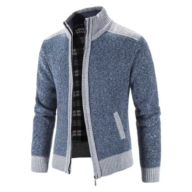 Men's Sweater Coat Fashion Patchwork Cardigan Men Knitted Sweater Jacket Slim Fit Stand Collar Thick Warm Cardigan Coats Men 211221