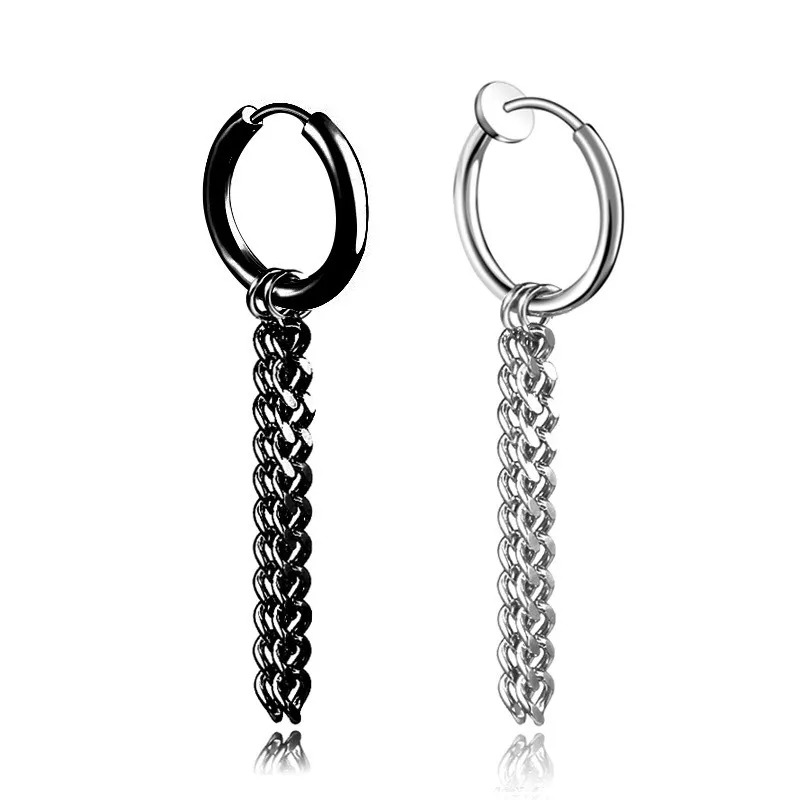 Stainless steel chains tassel hoop earrings no hold clip on ear rings fashion jewelry for men women gift will and sandy